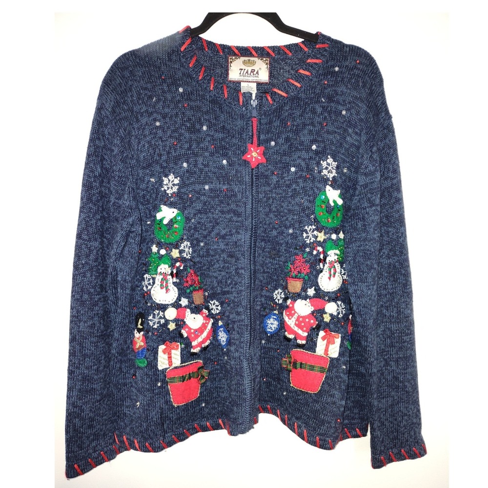 Tiara International Vintage Christmas Sweater WomensLarge Blue ZipCardigan Santa